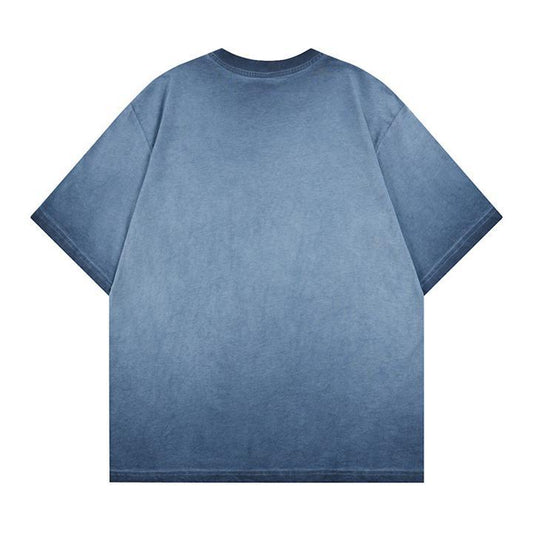 Washed gradient letter graffiti printed short sleeved shirt