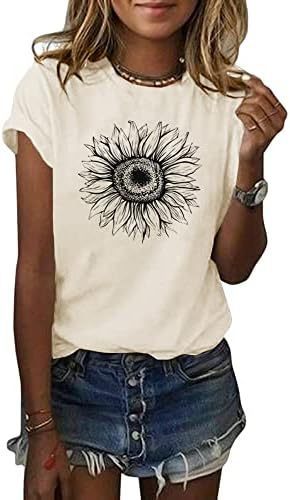 Camiseta de manga corta para mujer con estampado de girasol, top holgado de verano