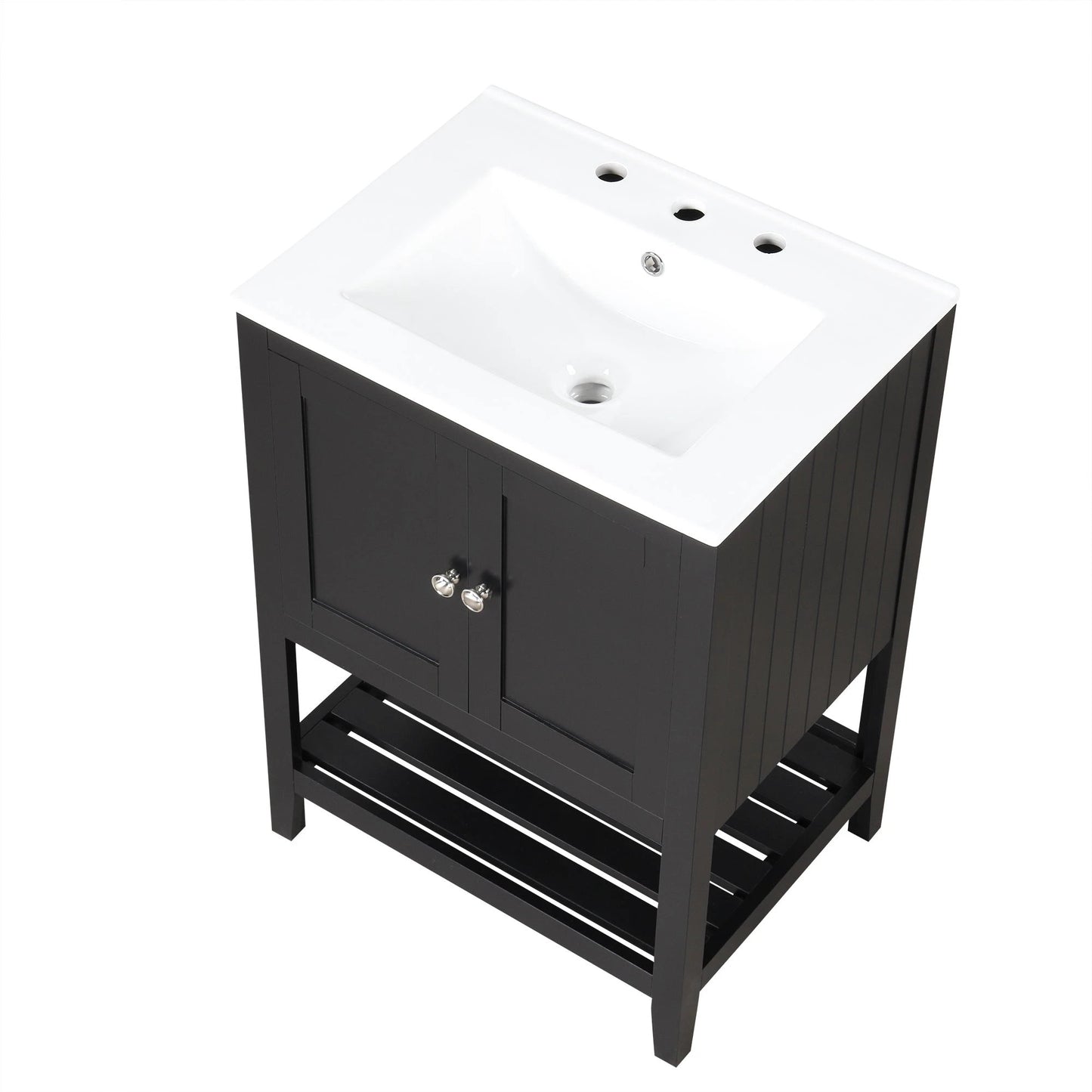 24" Black Modern Sleek Bathroom Vanity Elegant Ceramic Sink with Solid Wood Frame Open Style Shelf by eprolo