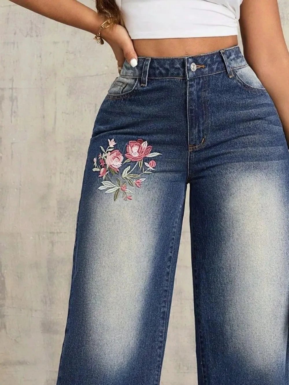 Embroidered Wide Leg Jeans by eprolo