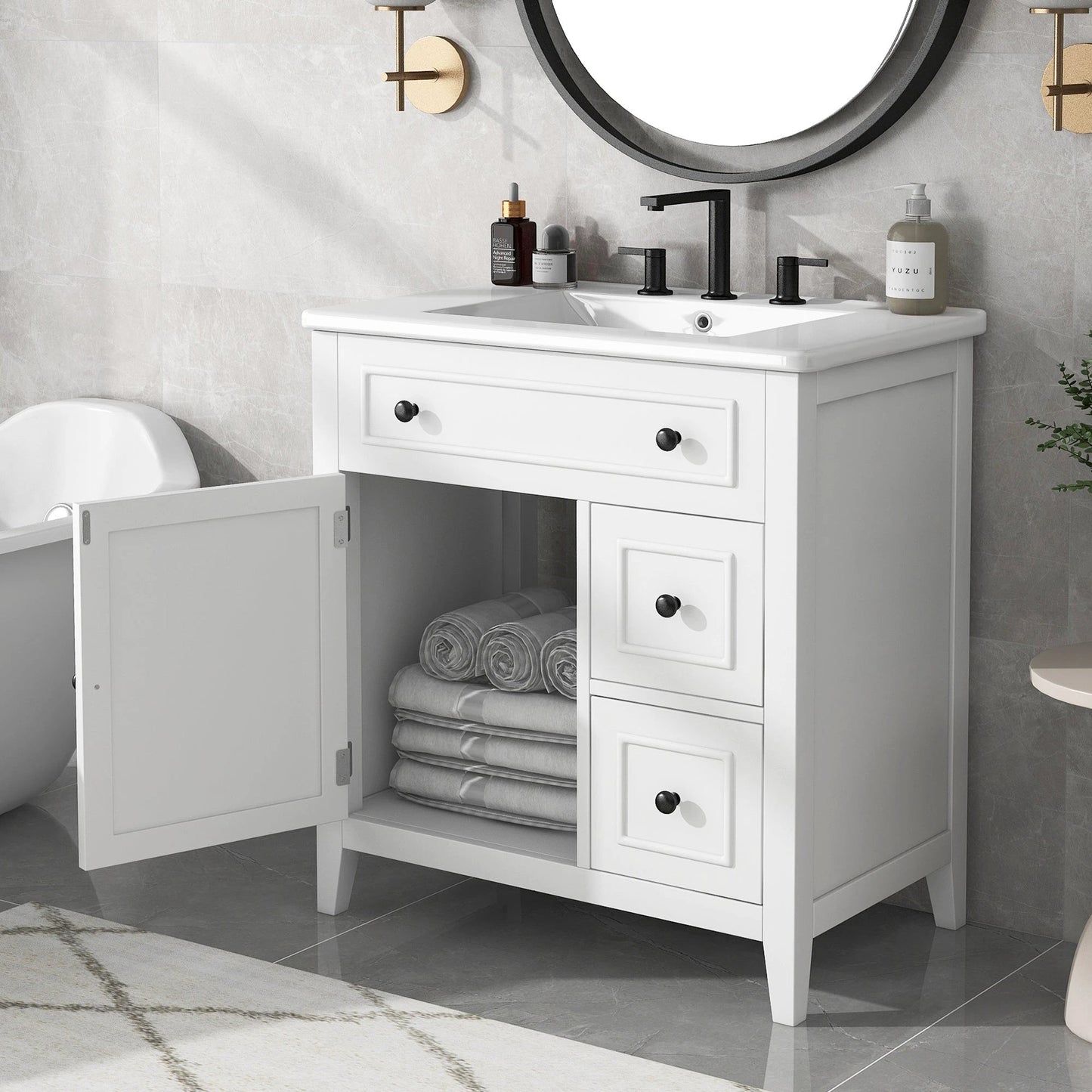 30" Bathroom Vanity with Sink Top, Bathroom Vanity Cabinet with Door and Two Drawers, Solid Wood Frame, One Package, White by eprolo