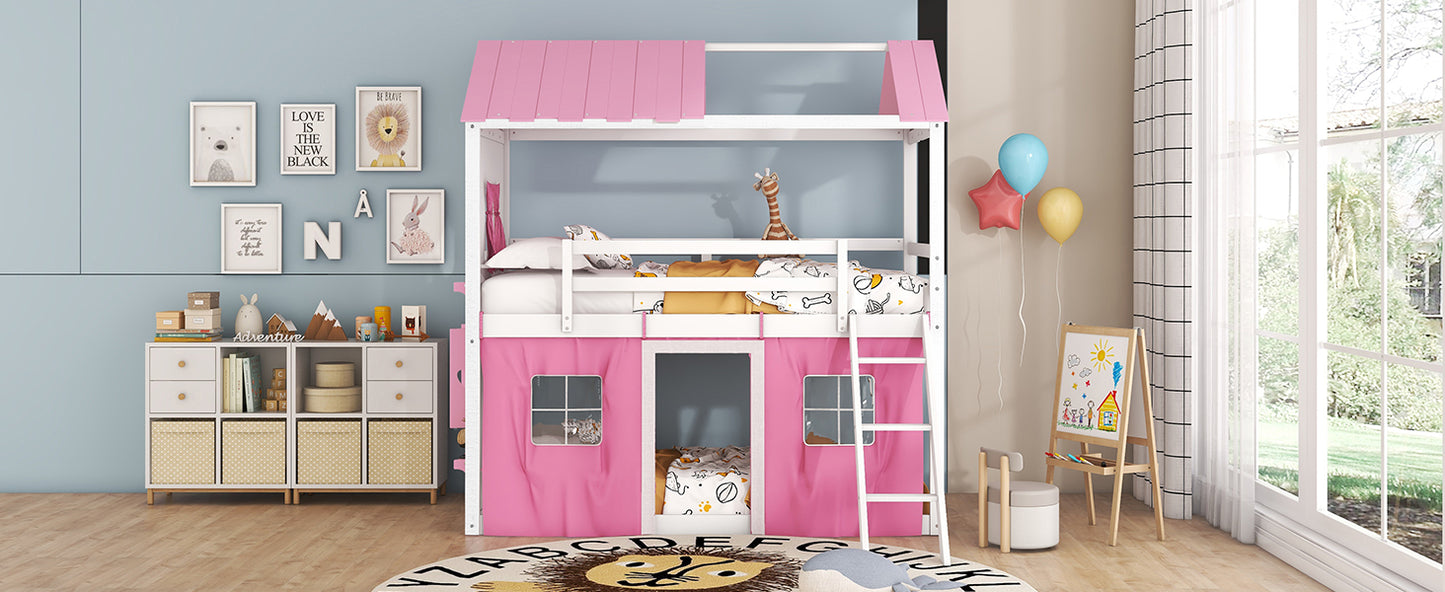 Cama de literas de madera individual con elegantes ventanas, alféizares y tienda de campaña, rosa + blanco