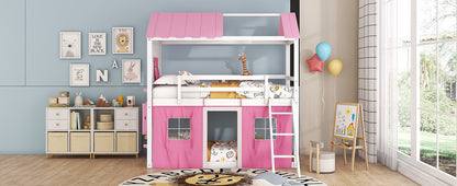Cama de literas de madera individual con elegantes ventanas, alféizares y tienda de campaña, rosa + blanco