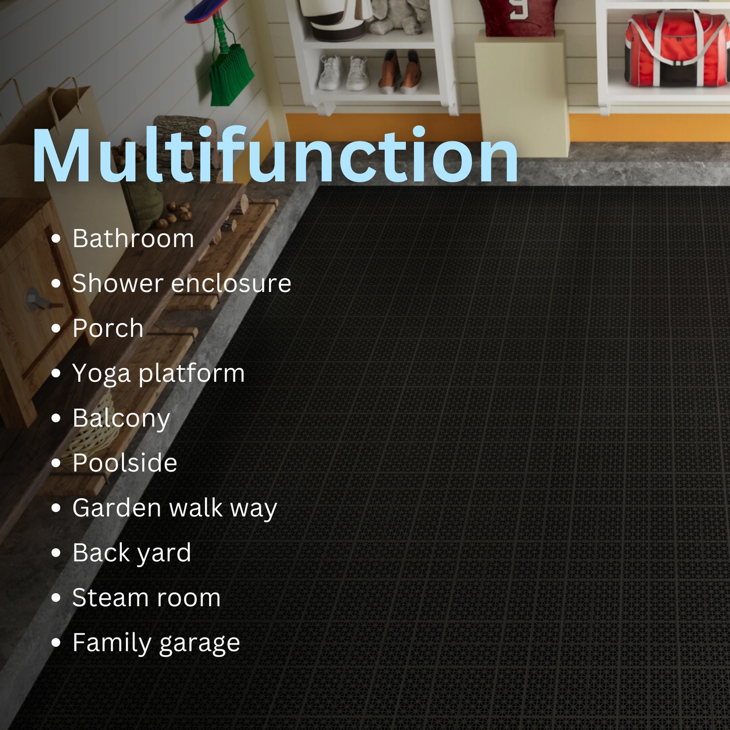 12 x 12 inch black interlocking deck tiles, plastic waterproof, weighing up to 6613 pounds, with a rose pattern pack of 12 by eprolo