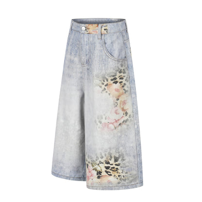 Leopard print denim cropped pants by eprolo, loose wide-leg, distressed washed finish