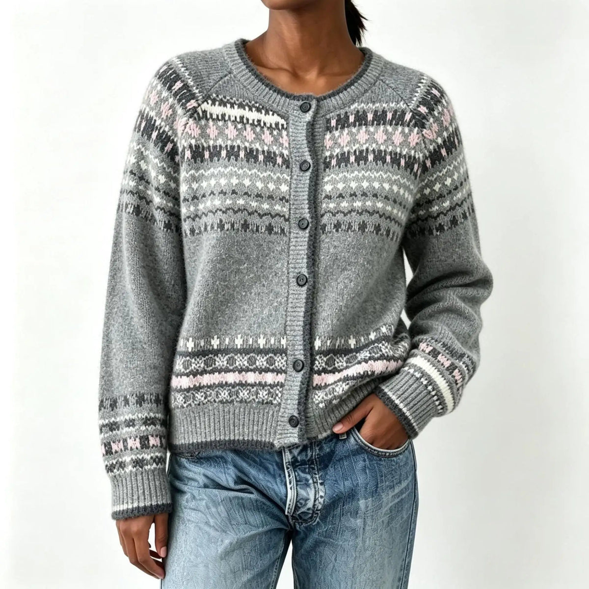 Color-block round-neck knit cardigan by eprolo in grey with pink and white pattern, button front.