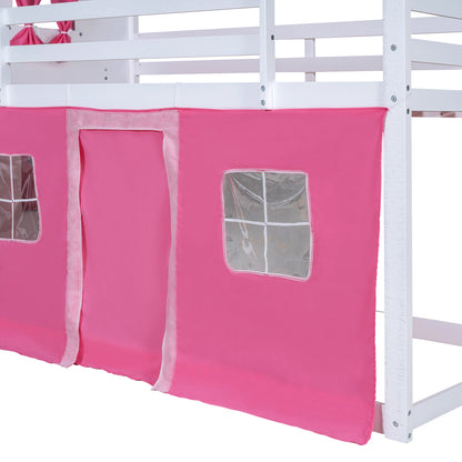 Cama de literas de madera individual con elegantes ventanas, alféizares y tienda de campaña, rosa + blanco
