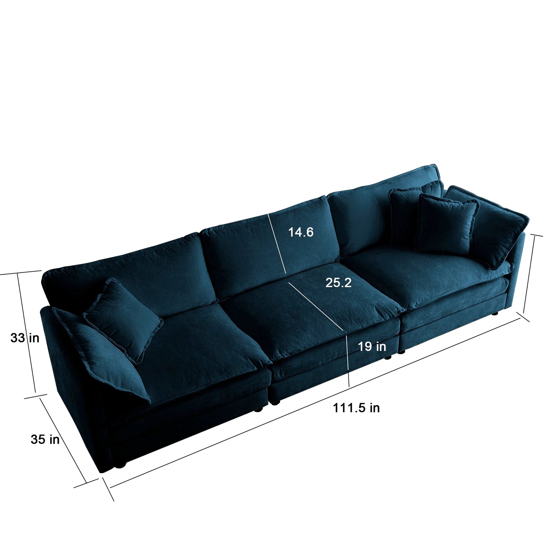 Mid-Century Modern Couch 3-Seater Sofa with 2 Armrest Pillows and 3 Toss Pillows, Couch for Living Room Blue Chenille by eprolo