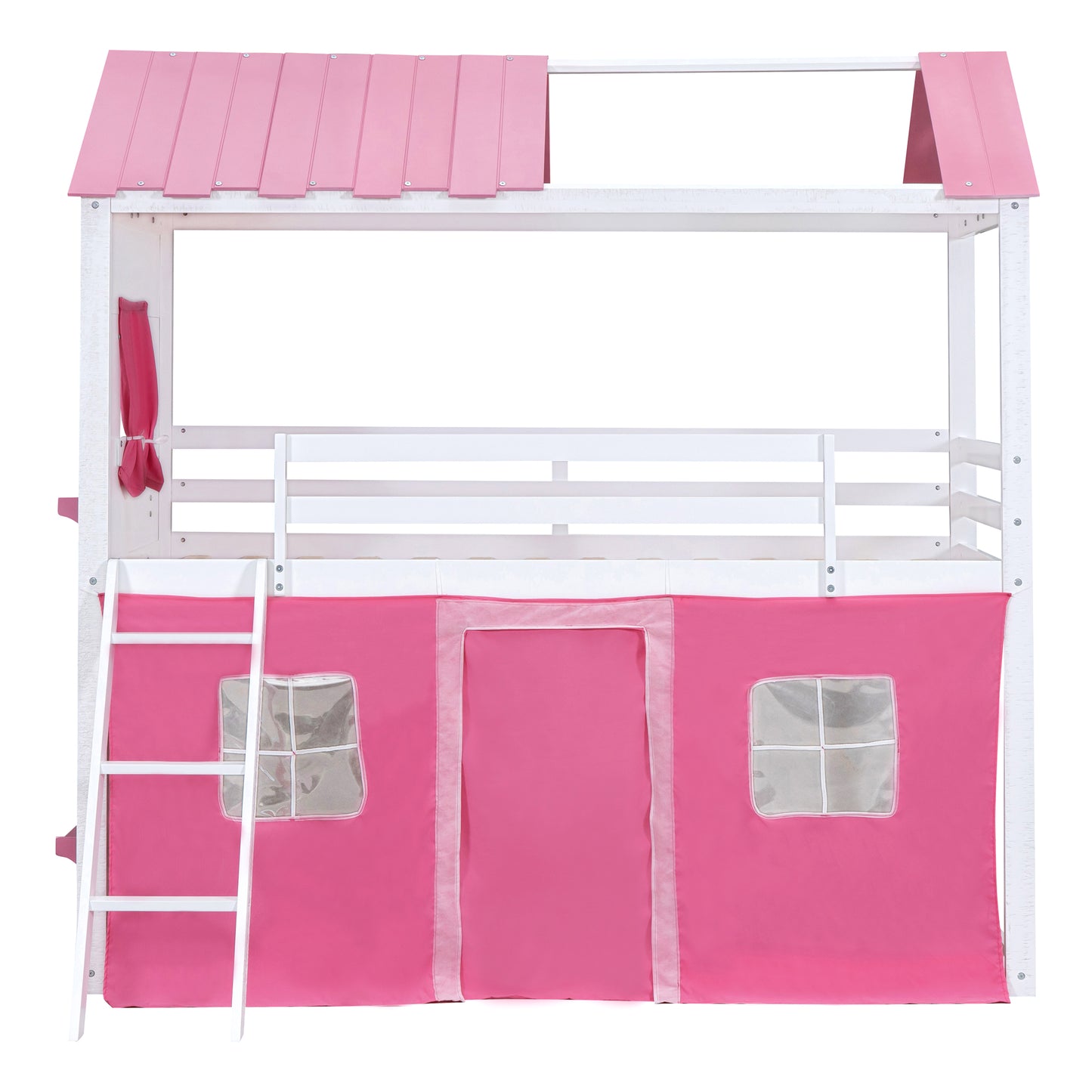 Cama de literas de madera individual con elegantes ventanas, alféizares y tienda de campaña, rosa + blanco
