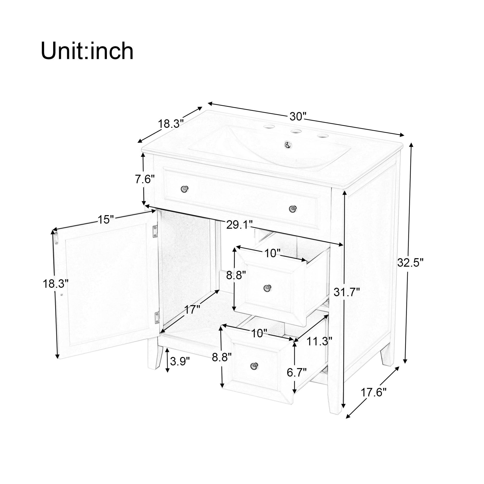 30" Bathroom Vanity with Sink Top, Bathroom Vanity Cabinet with Door and Two Drawers, Solid Wood Frame, One Package, Green by eprolo