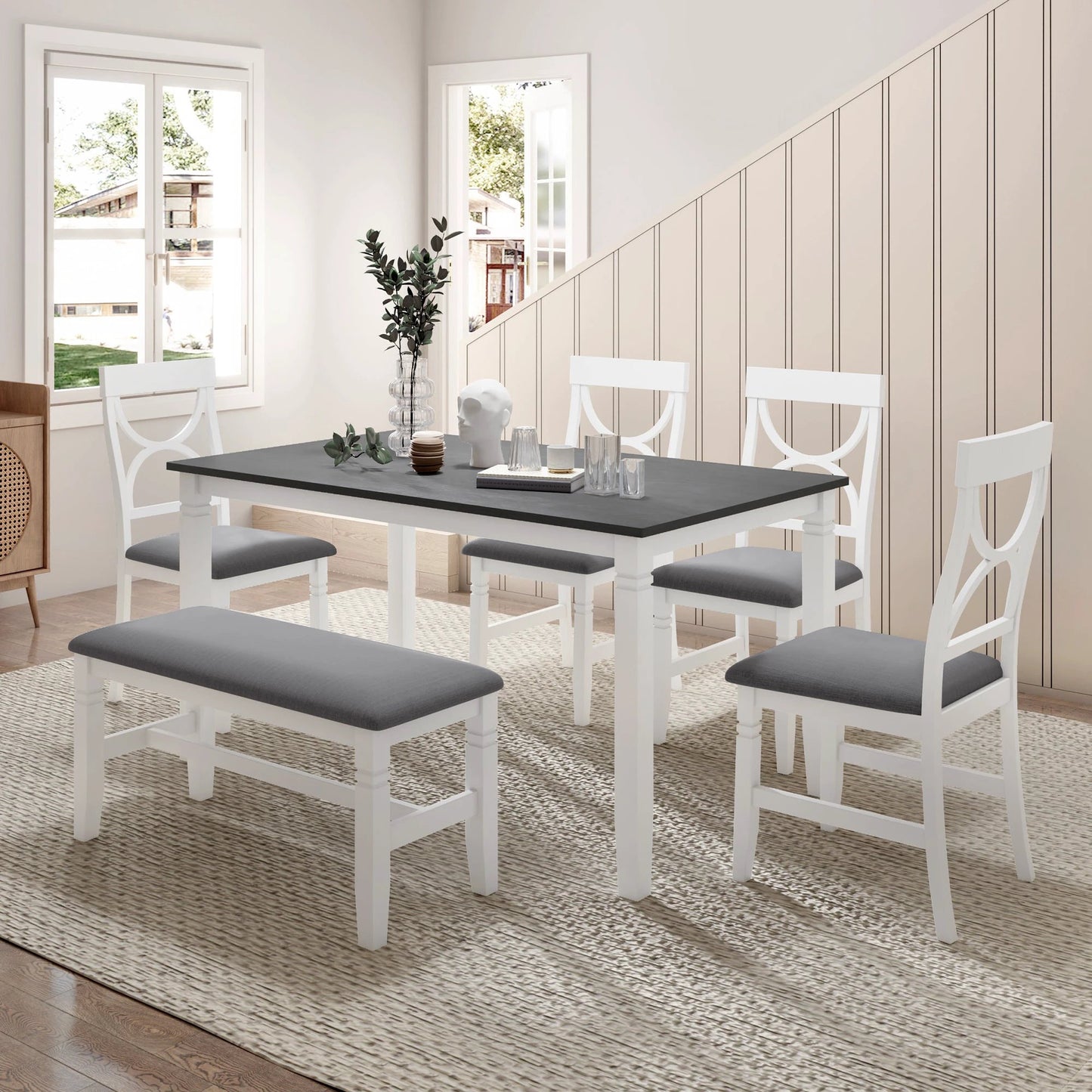 TOPMAX 6-Piece Wood Dining Table Set Kitchen Table Set with Upholstered Bench and 4 Dining Chairs, Farmhouse Style Gray+White by eprolo