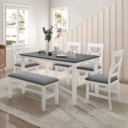TOPMAX 6-Piece Wood Dining Table Set Kitchen Table Set with Upholstered Bench and 4 Dining Chairs, Farmhouse Style Gray+White by eprolo