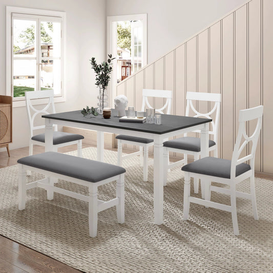 TOPMAX 6-Piece Wood Dining Table Set Kitchen Table Set with Upholstered Bench and 4 Dining Chairs, Farmhouse Style Gray+White by eprolo