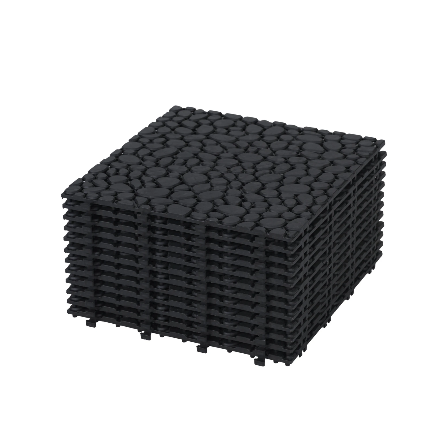 12 x 12 inch black interlocking deck tiles, plastic waterproofing, pebble pattern, pack of 12 by eprolo