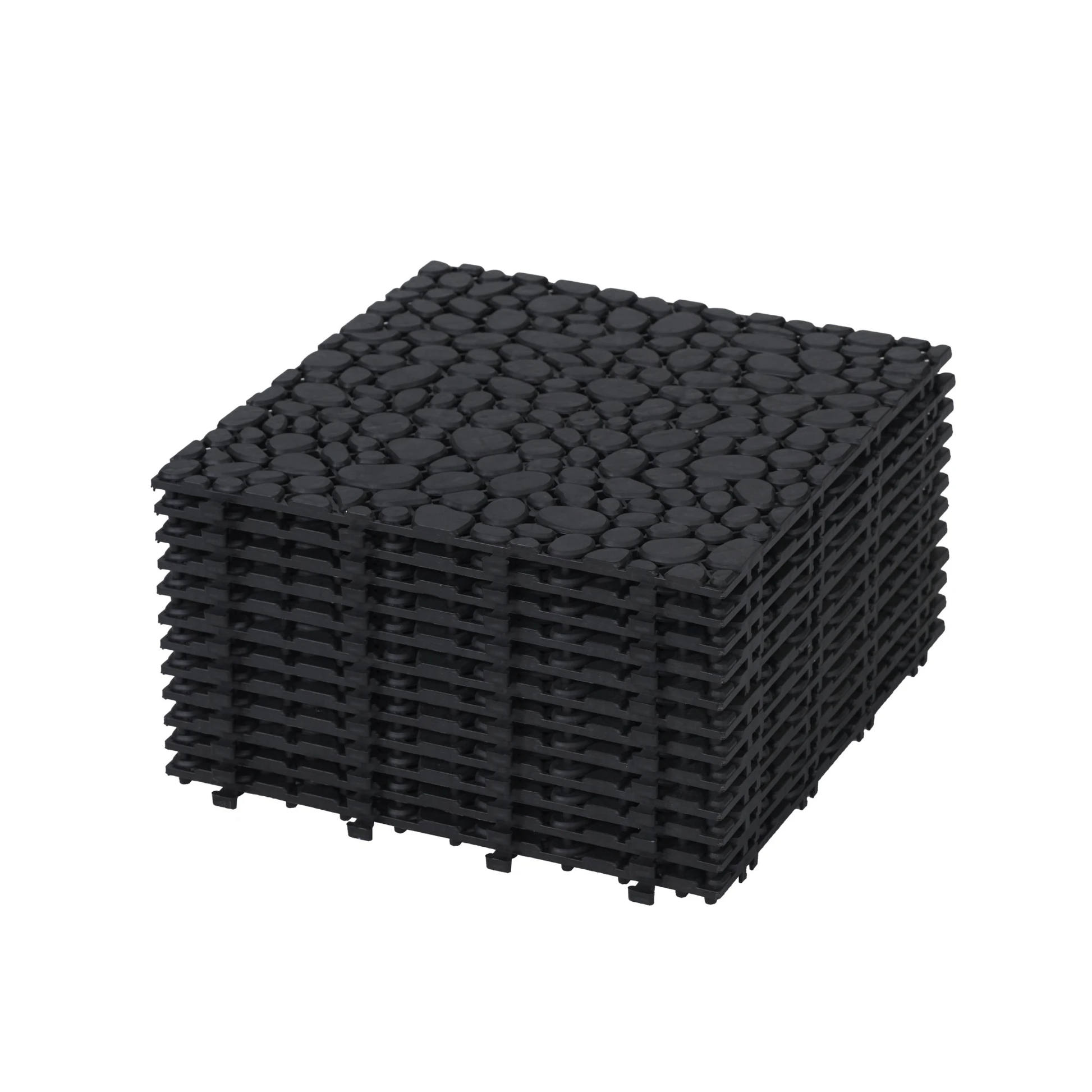12 x 12 inch black interlocking deck tiles, plastic waterproofing, pebble pattern, pack of 12 by eprolo