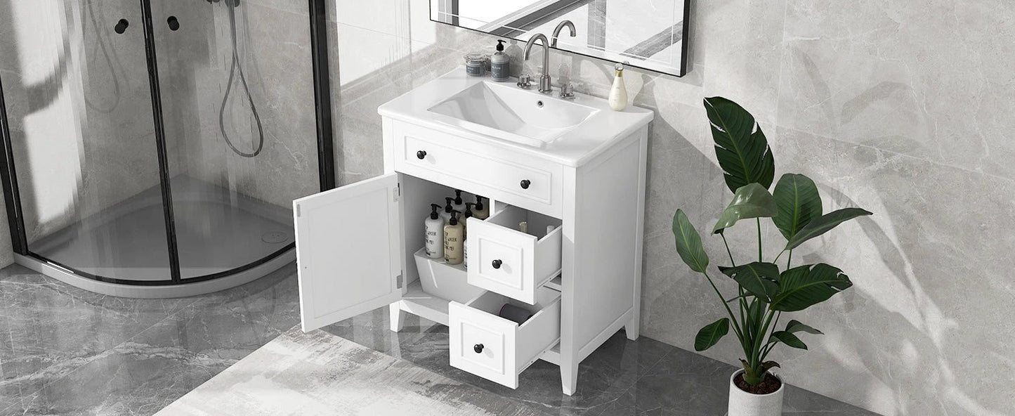 30" Bathroom Vanity with Sink Top, Bathroom Vanity Cabinet with Door and Two Drawers, Solid Wood Frame, One Package, White by eprolo