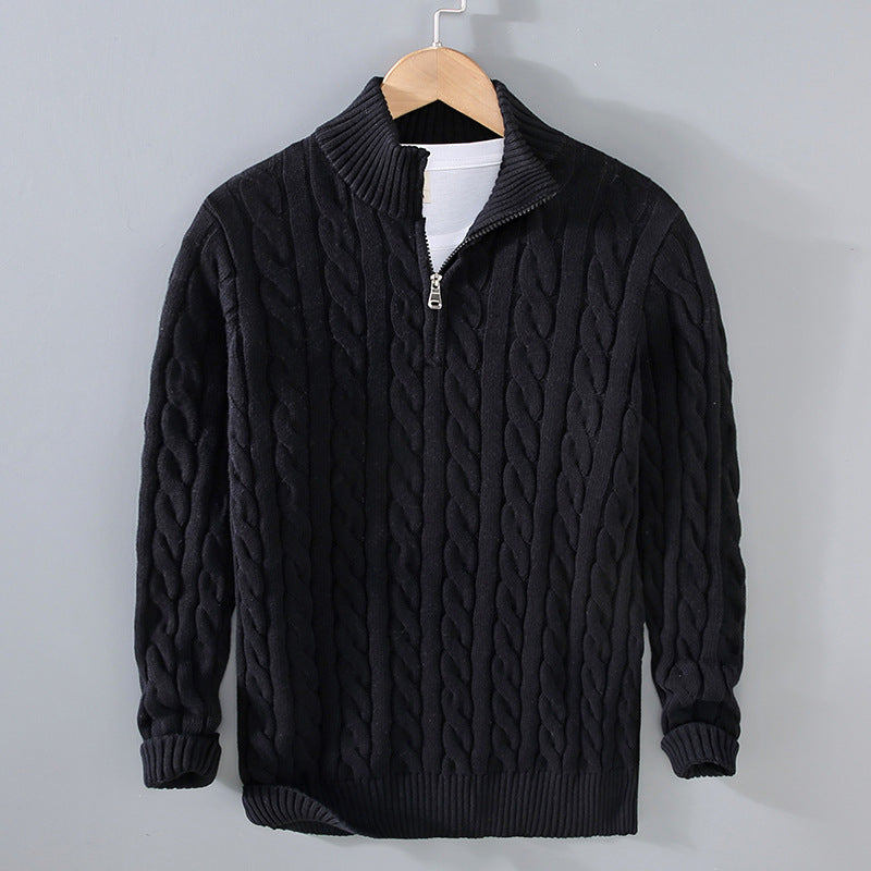 Men's Thickened Coarse Knit Mock Neck Zipper Loose Pullover Sweater