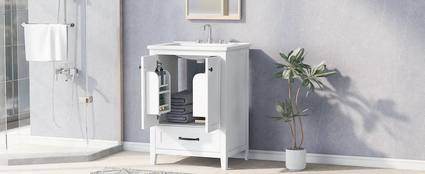 24" Bathroom Vanity with Sink, Bathroom Vanity Cabinet with One Drawer and Doors, Solid Wood and MDF, White by eprolo