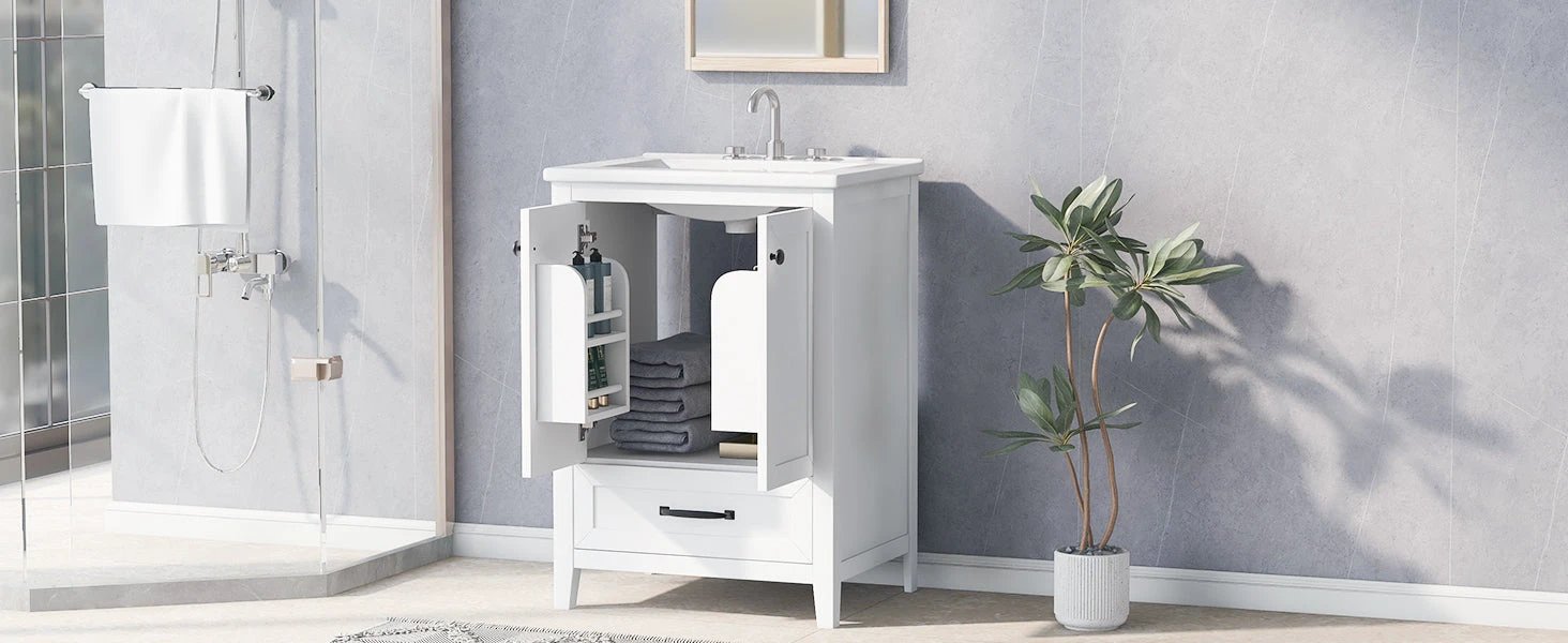 24" Bathroom Vanity with Sink, Bathroom Vanity Cabinet with One Drawer and Doors, Solid Wood and MDF, White by eprolo