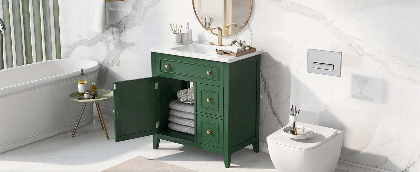 30" Bathroom Vanity with Sink Top, Bathroom Vanity Cabinet with Door and Two Drawers, Solid Wood Frame, One Package, Green by eprolo