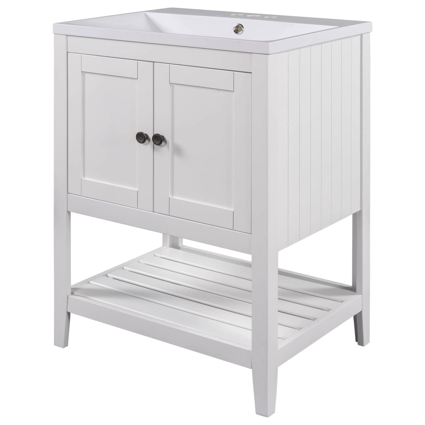 24" White Modern Sleek Bathroom Vanity Elegant Ceramic Sink with Solid Wood Frame Open Style Shelf by eprolo