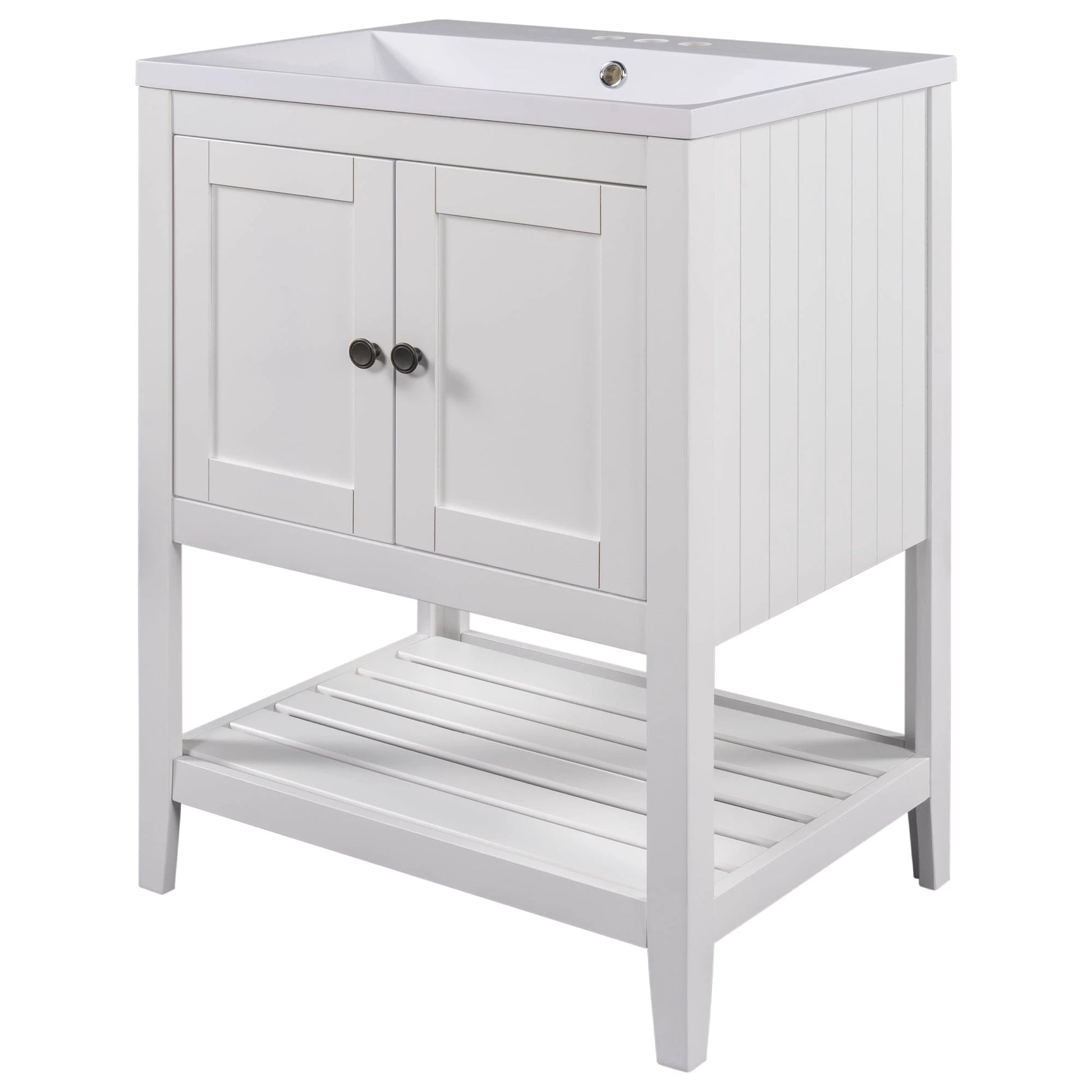 24" White Modern Sleek Bathroom Vanity Elegant Ceramic Sink with Solid Wood Frame Open Style Shelf by eprolo