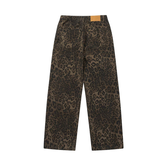 Pantalon décontracté coupe droite délavé imprimé léopard