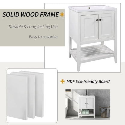 24" White Modern Sleek Bathroom Vanity Elegant Ceramic Sink with Solid Wood Frame Open Style Shelf by eprolo