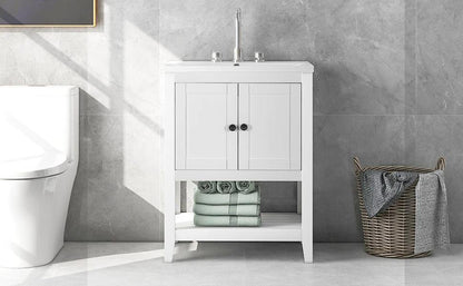 24" White Modern Sleek Bathroom Vanity Elegant Ceramic Sink with Solid Wood Frame Open Style Shelf by eprolo