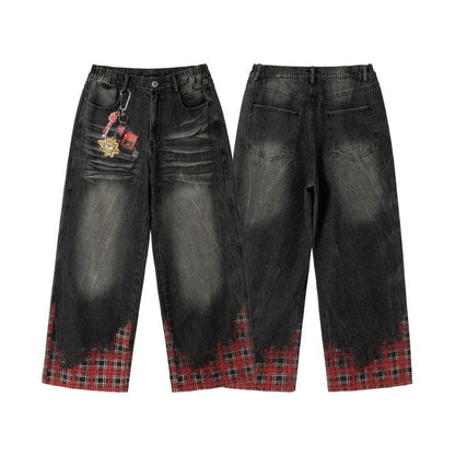 Hanging chain plaid printed loose washed wide leg denim pants by eprolo