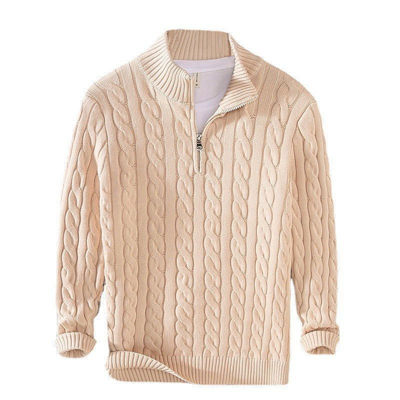Men's Thickened Coarse Knit Mock Neck Zipper Loose Pullover Sweater