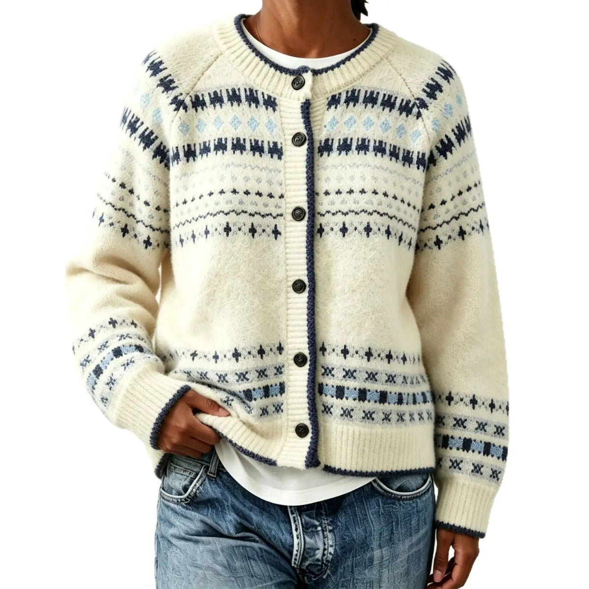 Color blocking round neck sweater by eprolo; cream knit with navy pattern and button-front cardigan.