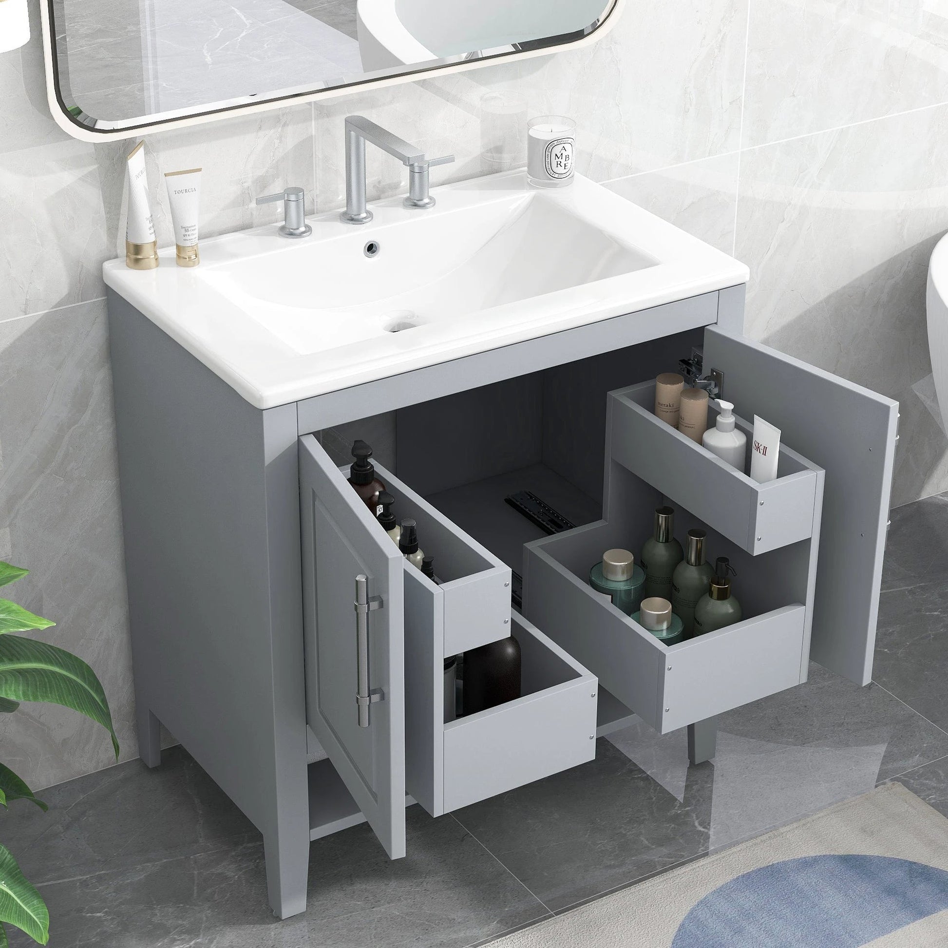 30" Bathroom Vanity with Sink, Multi-functional Bathroom Cabinet with Doors and Drawers, Solid Frame and MDF Board, Grey by eprolo