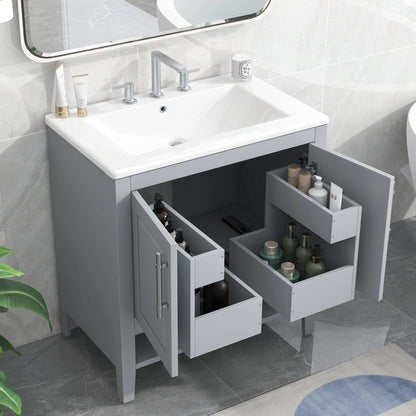 30" Bathroom Vanity with Sink, Multi-functional Bathroom Cabinet with Doors and Drawers, Solid Frame and MDF Board, Grey by eprolo