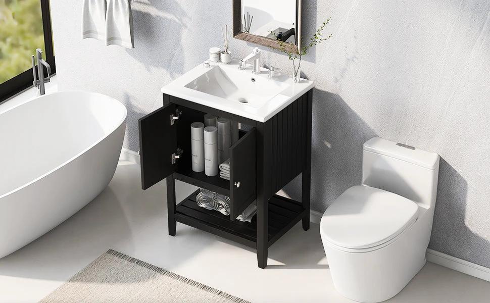 24" Black Modern Sleek Bathroom Vanity Elegant Ceramic Sink with Solid Wood Frame Open Style Shelf by eprolo