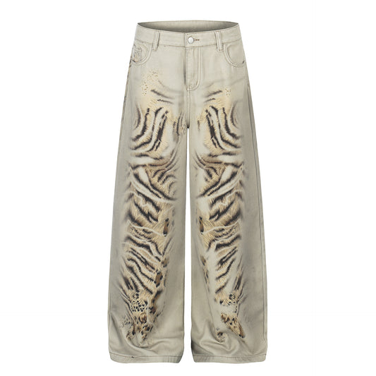 Pantalones Vaqueros Estampados Desgastados Unisex Holgados de Pierna Ancha de Estilo Urbano Moderno de Pierna Recta Hasta el Suelo