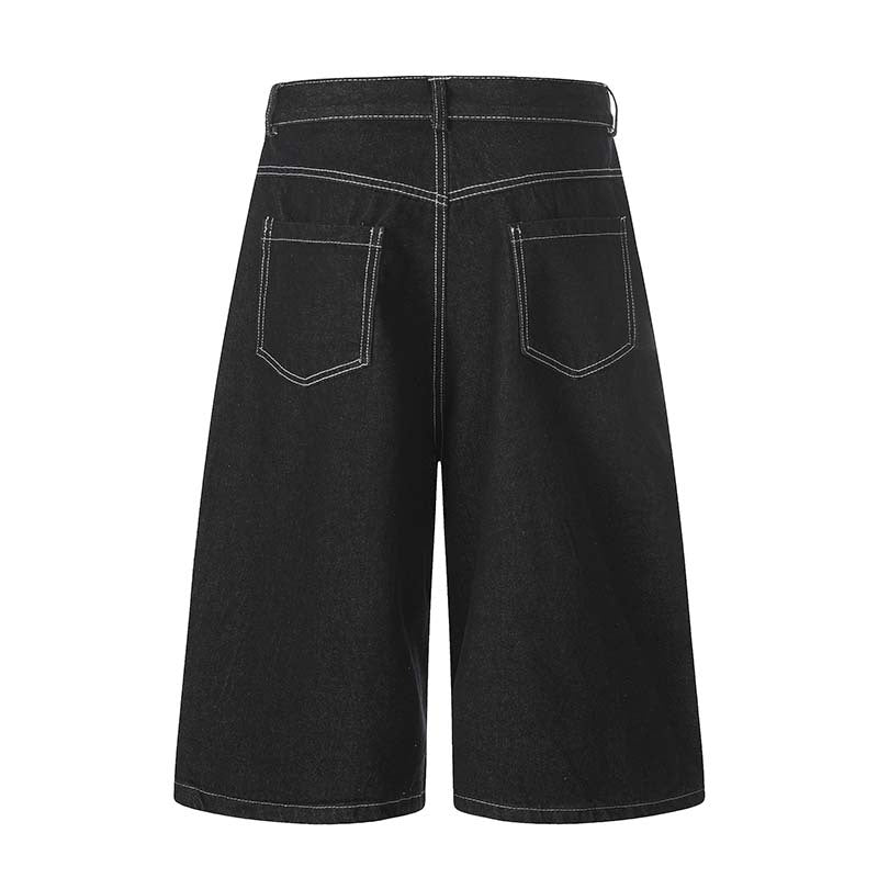 eprolo black washed denim cropped shorts with back pockets and white contrast stitching