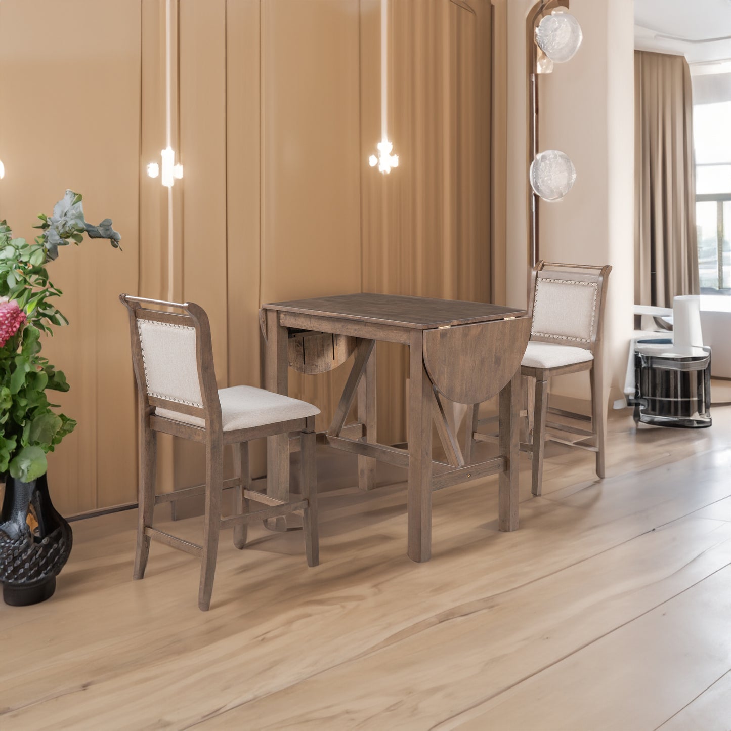 Ensemble de salle à manger 3 pièces en bois à hauteur de comptoir avec rallonge pliable