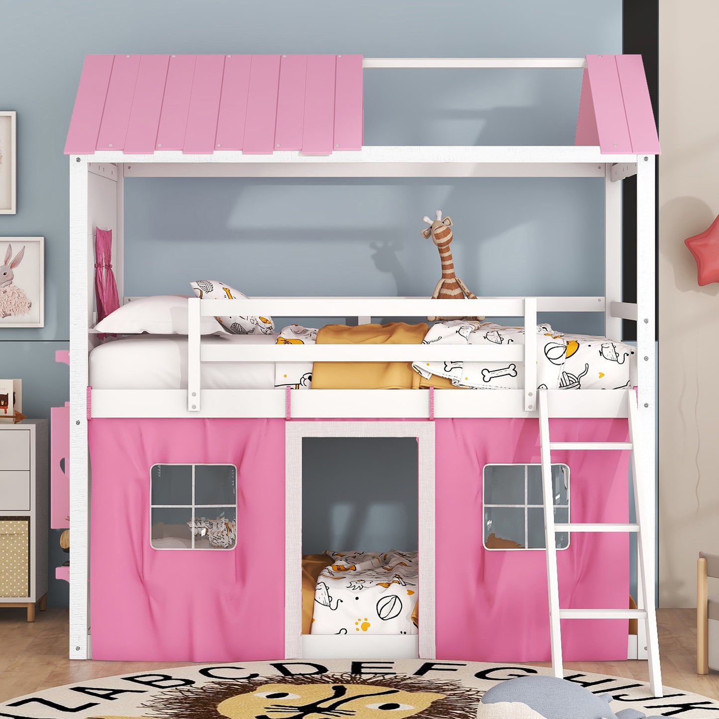 Cama de literas de madera individual con elegantes ventanas, alféizares y tienda de campaña, rosa + blanco