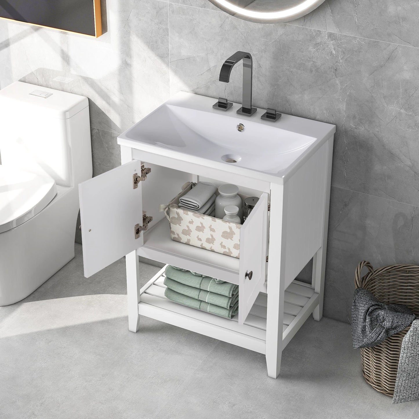 24" White Modern Sleek Bathroom Vanity Elegant Ceramic Sink with Solid Wood Frame Open Style Shelf by eprolo