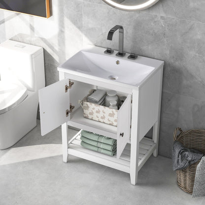 24" White Modern Sleek Bathroom Vanity Elegant Ceramic Sink with Solid Wood Frame Open Style Shelf by eprolo