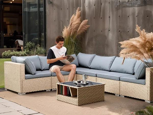 7-Piece Patio Furniture Set, All-Weather Boho Outdoor Conversation Set Sectional Sofa with Water Resistant Grey Thick Cushions by eprolo