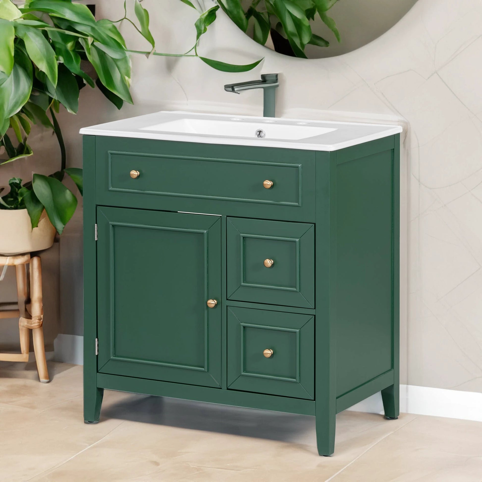 30" Bathroom Vanity with Sink Top, Bathroom Vanity Cabinet with Door and Two Drawers, Solid Wood Frame, One Package, Green by eprolo