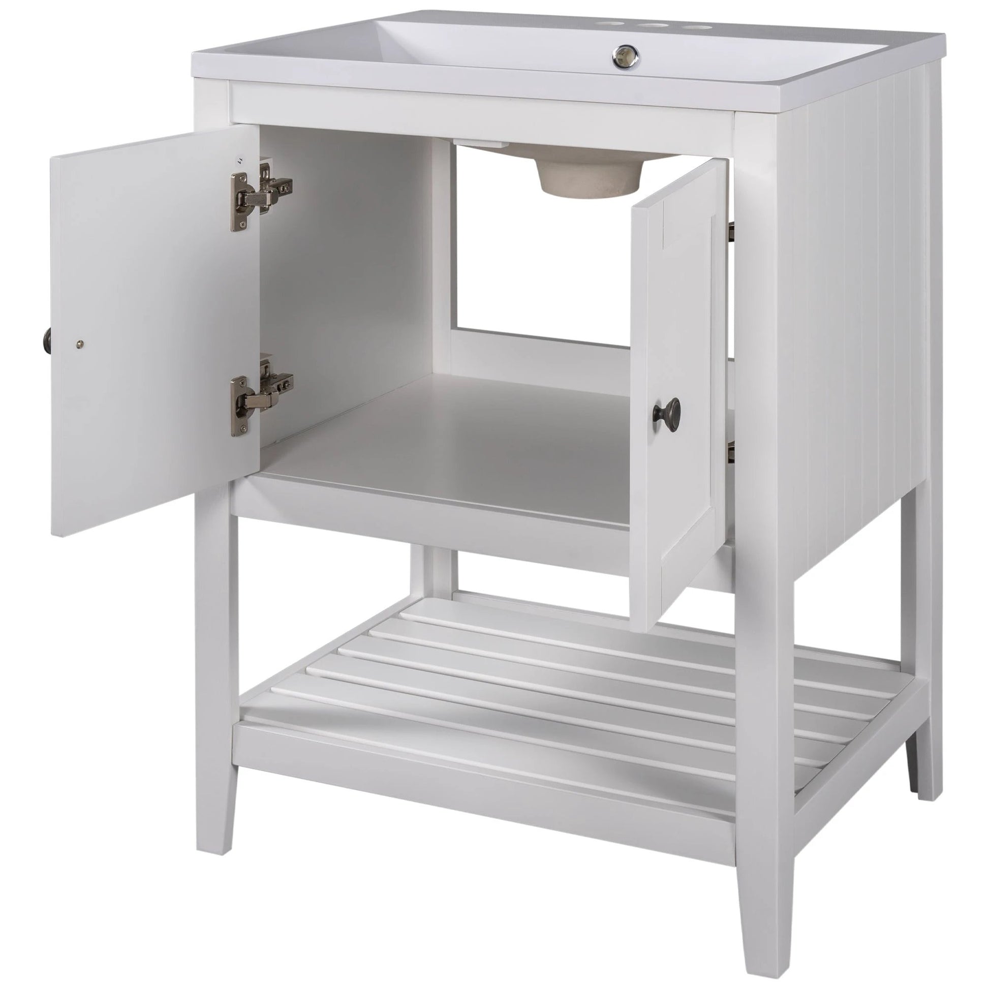 24" White Modern Sleek Bathroom Vanity Elegant Ceramic Sink with Solid Wood Frame Open Style Shelf by eprolo