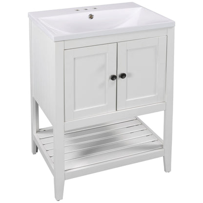 24" White Modern Sleek Bathroom Vanity Elegant Ceramic Sink with Solid Wood Frame Open Style Shelf by eprolo