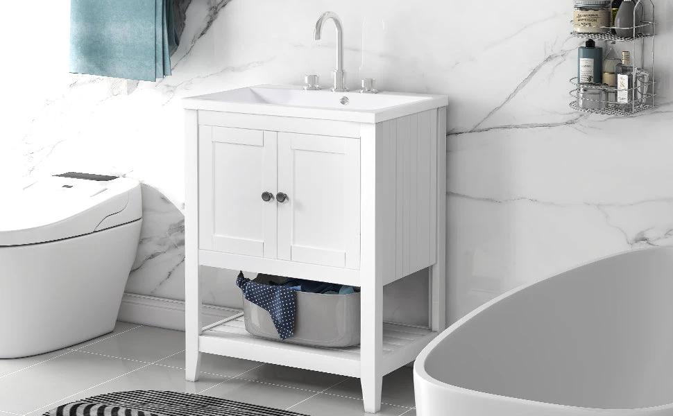 24" White Modern Sleek Bathroom Vanity Elegant Ceramic Sink with Solid Wood Frame Open Style Shelf by eprolo