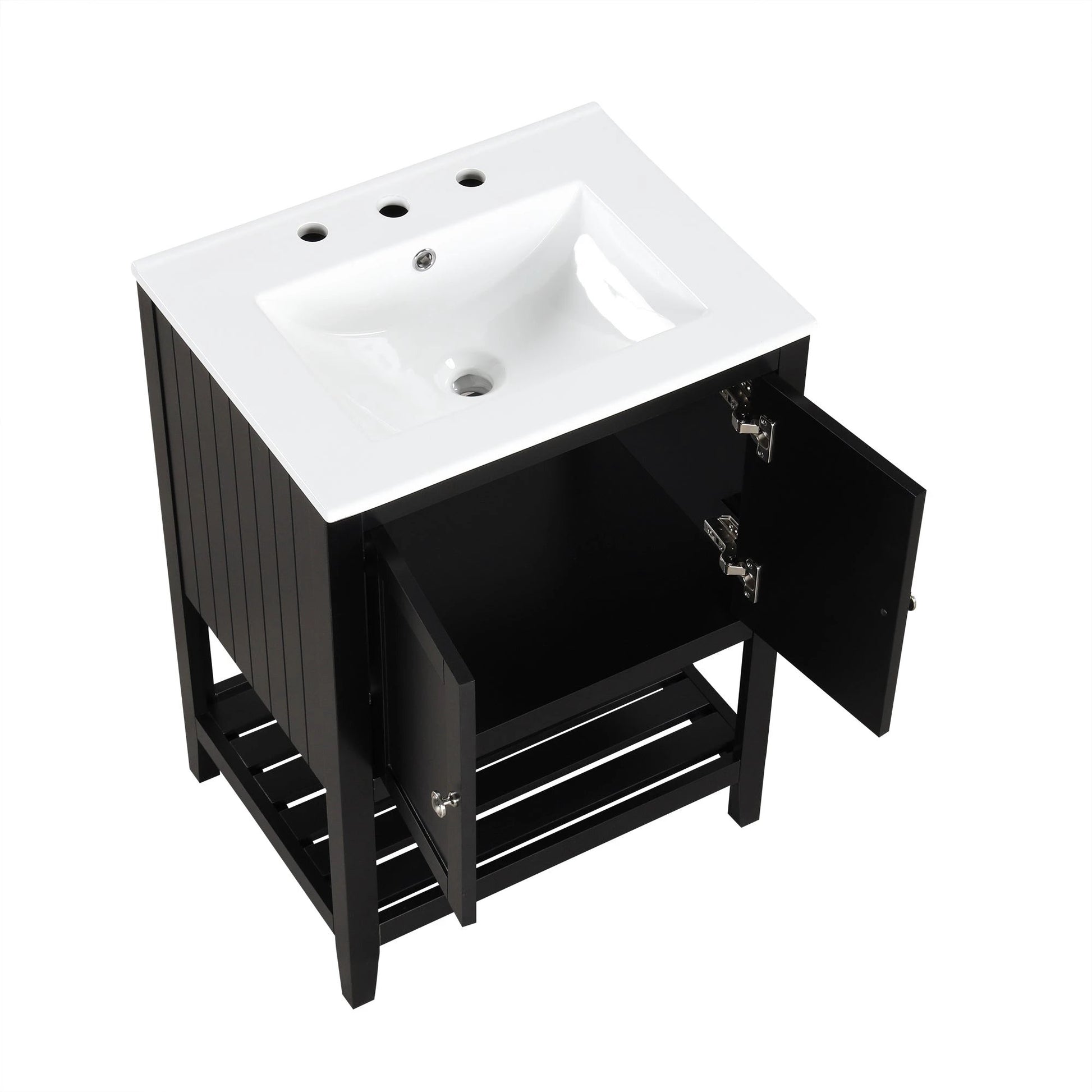 24" Black Modern Sleek Bathroom Vanity Elegant Ceramic Sink with Solid Wood Frame Open Style Shelf by eprolo