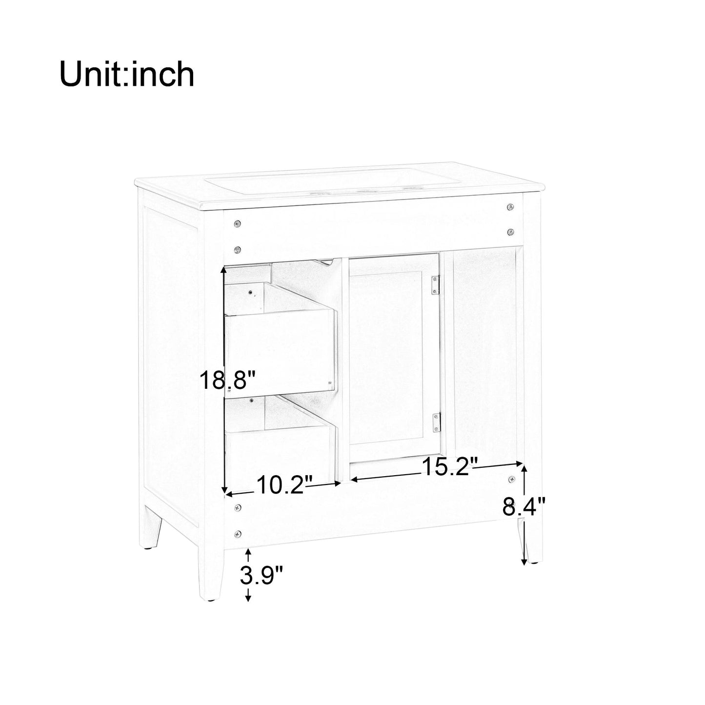 30" Bathroom Vanity with Sink Top, Bathroom Vanity Cabinet with Door and Two Drawers, Solid Wood Frame, One Package, White by eprolo