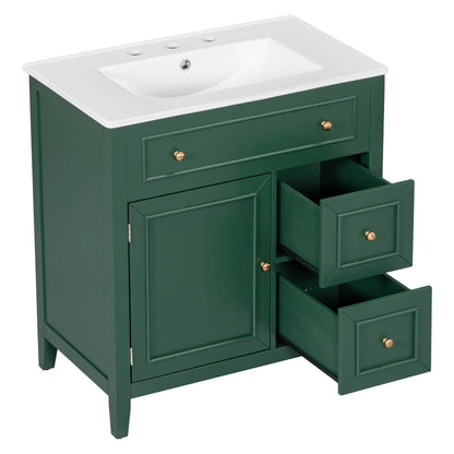 30" Bathroom Vanity with Sink Top, Bathroom Vanity Cabinet with Door and Two Drawers, Solid Wood Frame, One Package, Green by eprolo