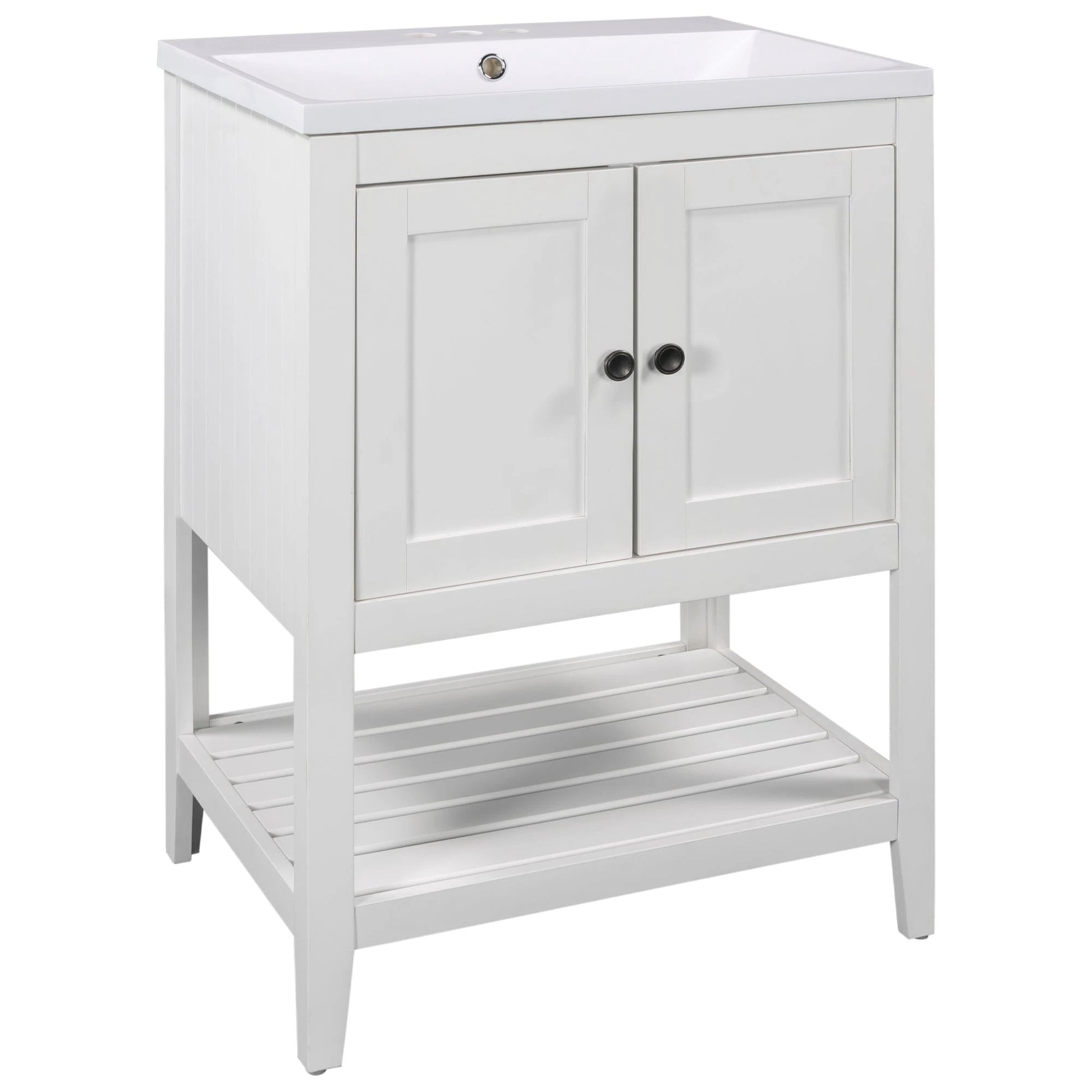 24" White Modern Sleek Bathroom Vanity Elegant Ceramic Sink with Solid Wood Frame Open Style Shelf by eprolo